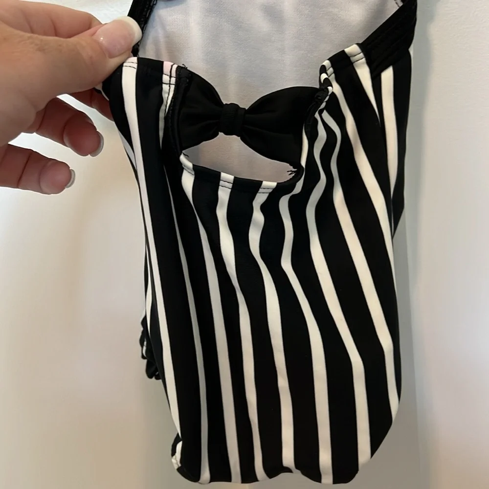 RuffleButts® Baby/Toddler Girls Black and White Stripe Halter One Piece - 3-6m - Picture 4 of 6